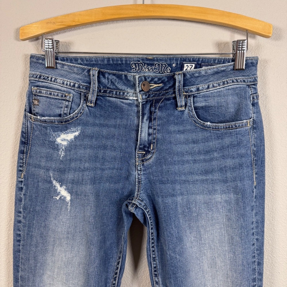 Miss Me Mid Rise Skinny Distressed Embroidered Jeans Boho Western Indie 27x27 - Picture 3 of 12